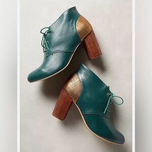 Anthropologie Nina Payne Green Gold Leather Lace Up Heeled Shoes